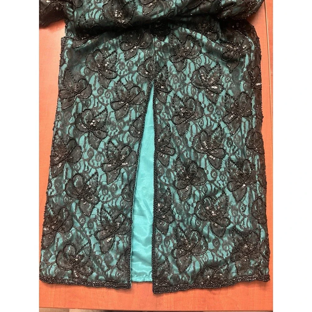 Vintage Brilliante by J.A. Black Silk Beaded with Emerald Green Evening Gown. - Picture 10 of 11